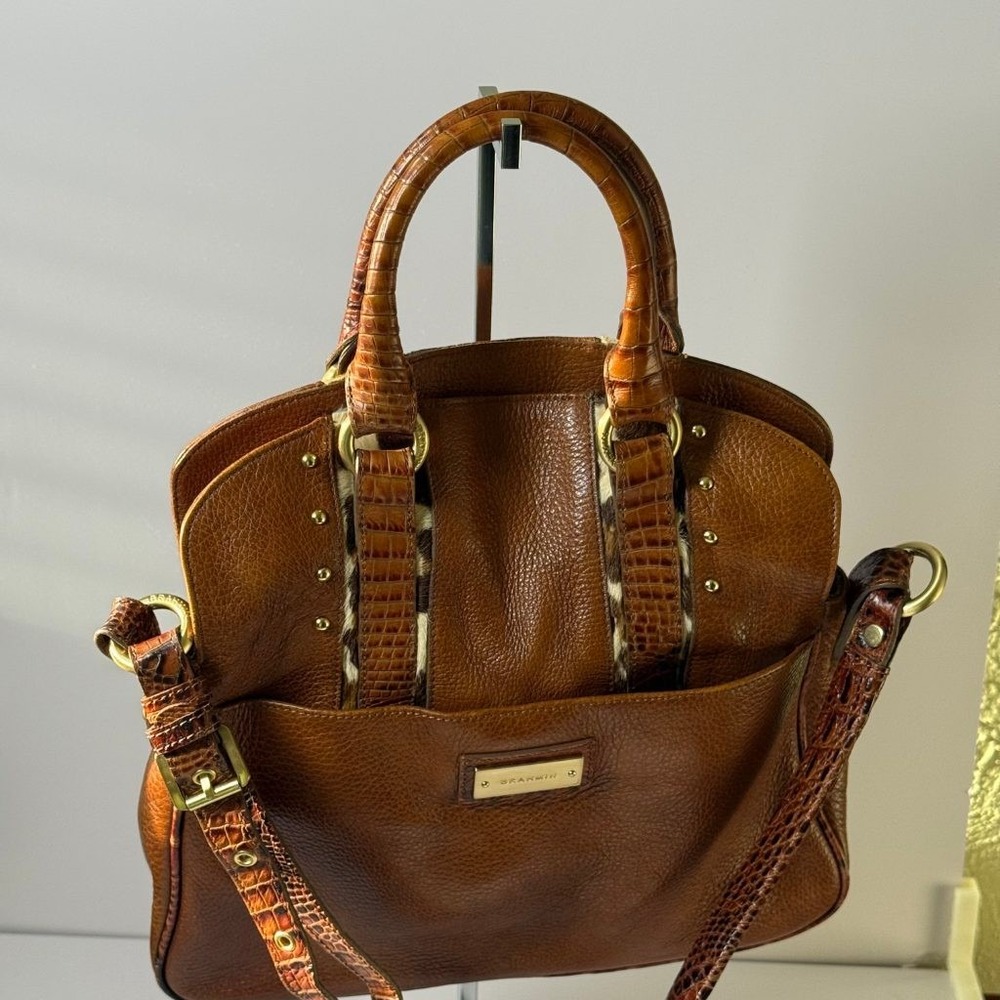 Brahmin Brown Pebbled Leather Croc Trim Leopard Calf Hair Satchel Shoulder Bag